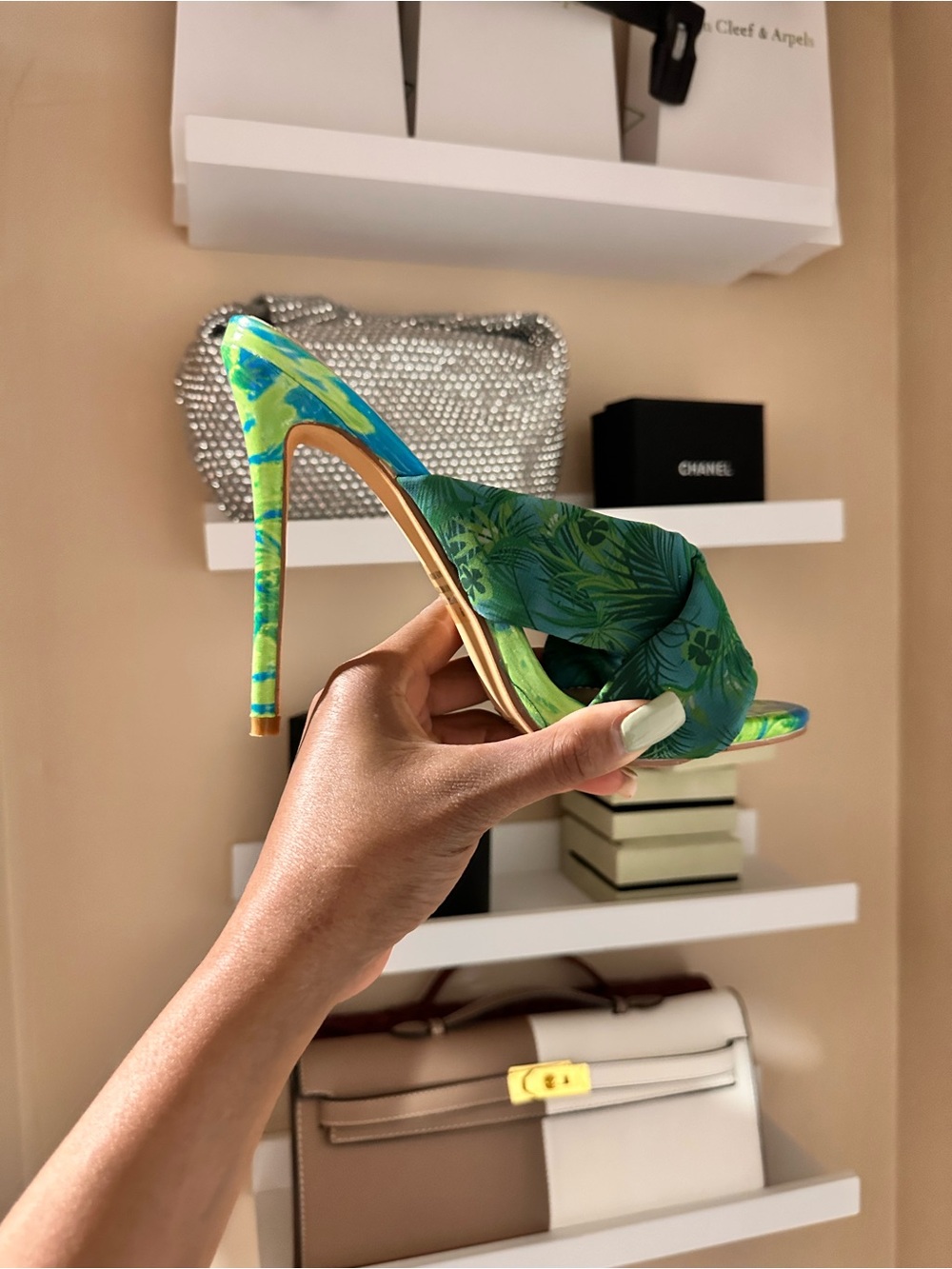 Fashion Nova Green Blue Tropical Knot High Heel Slide - Picture 2 of 8